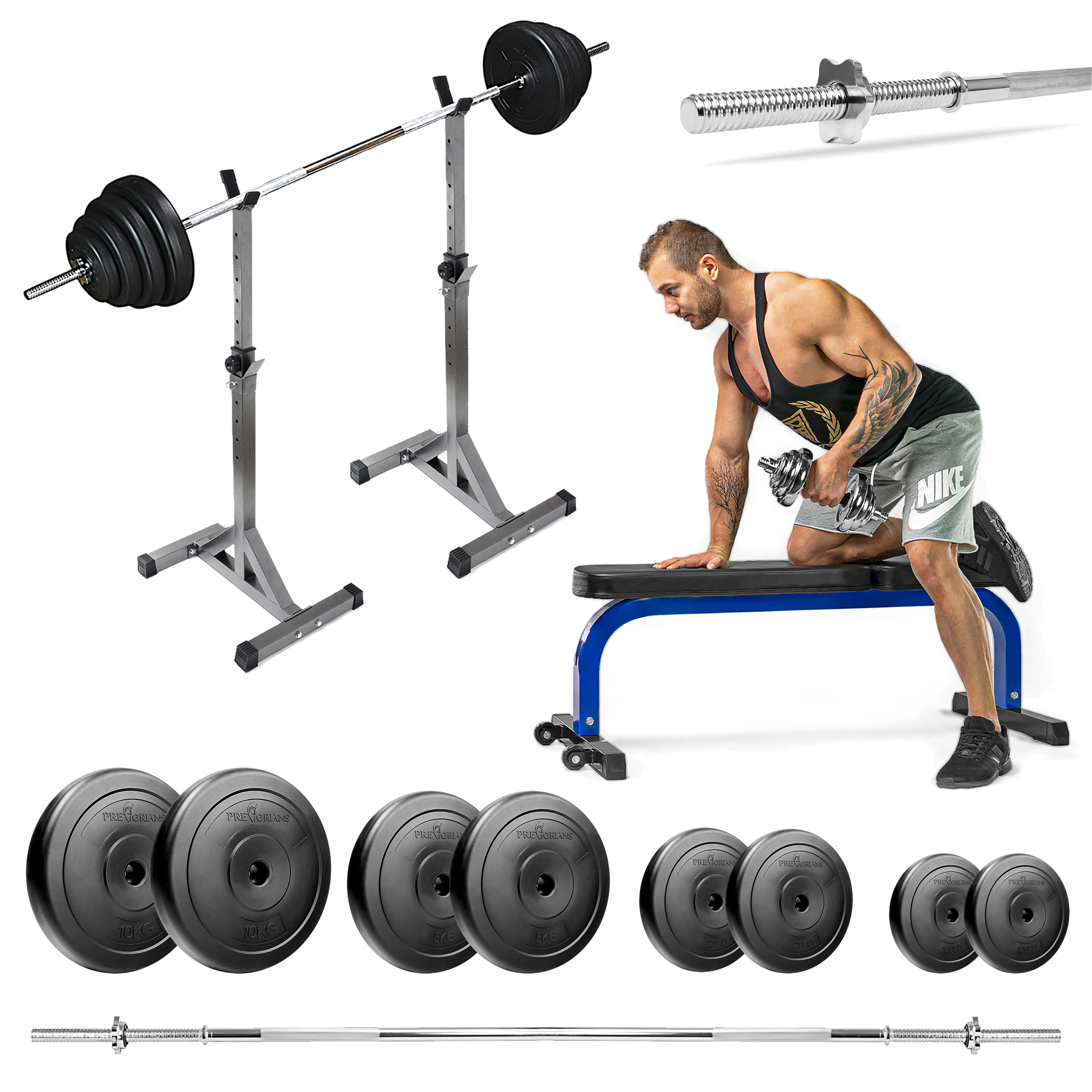 Zestaw do ćwiczeń siłowych 70kg. Siłownia domowa z ławką treningową TB015, stojakami wolnostojącymi, sztangą / gryfem prostym 150 cm, obciążeniem 37,5 kg